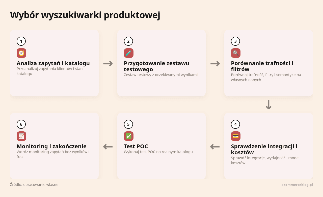 Kolejne kroki: Analiza zapytań i katalogu, Przygotowanie zestawu testowego, Porównanie trafności i filtrów, Sprawdzenie integracji i kosztów, Test POC, Monitoring i zakończenie